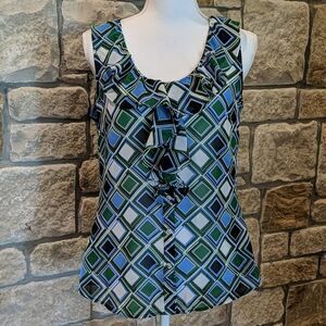Banana Republic blouse top size medium diamond blue green  print ruffle
